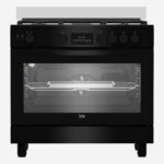 Gas Cooker 90 cm 5 Burners Full Safety Cooling Fan, Cooking Fan, Led Display With Touch Control, Cast Pan Support, Black