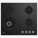 Gas Hob 60 cm 4 Berners, Gas Safety, Cast Iron Pan Support, Black Glass, Integrated Ignition